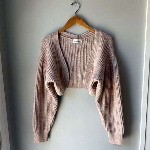 Lily Brown Pink Sparkle Cropped Ribbed Knit Cardigan - Picture 3 of 11